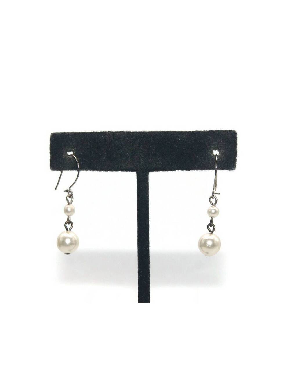 Vintage Silver Tone and Faux Pearls Dangle Earrings with Hook Backs.